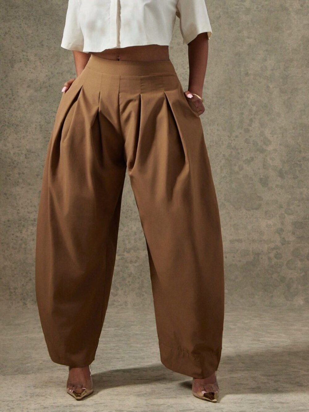 Brown Casual Women's High Waist Pleated Detail Barrel Leg Office Pants